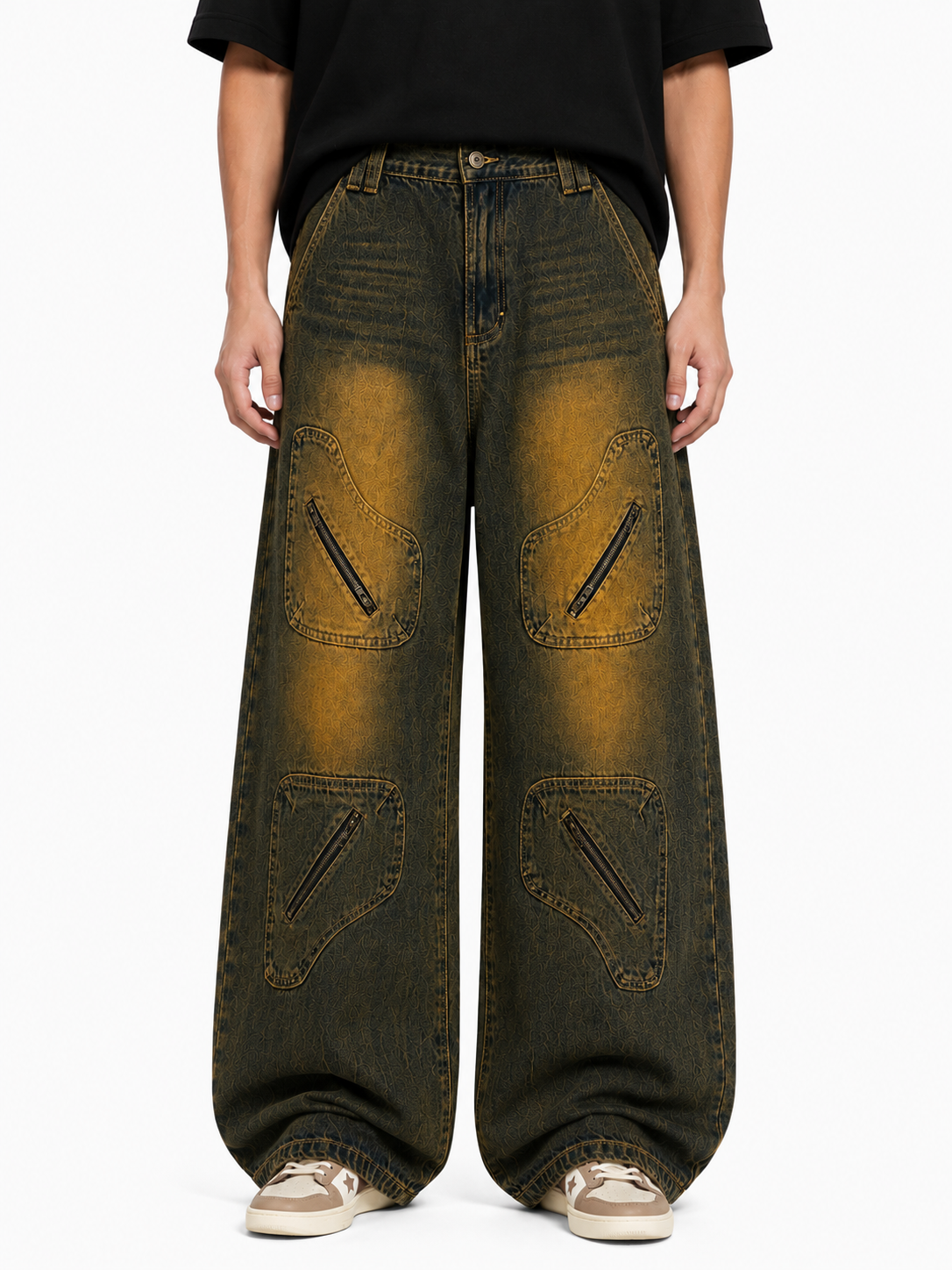 Mud Washed Multi-Zipper Cargo Jeans