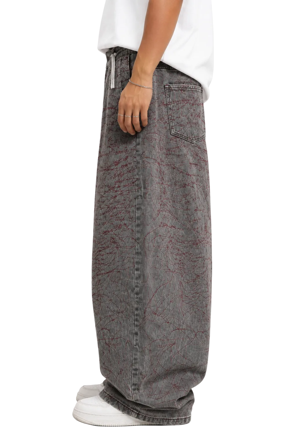Red Scribble Embroidered Baggy Jeans