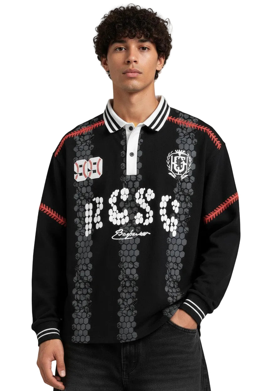 Graphic Long Sleeve  Polo Black