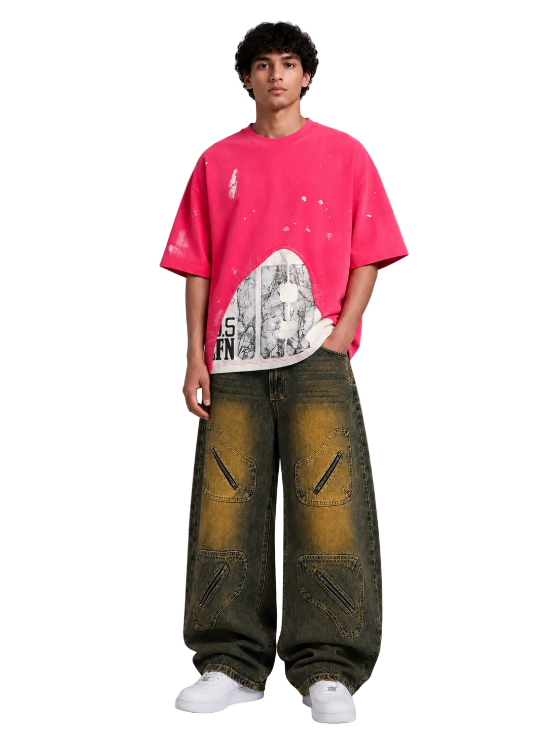 Mud Washed Multi-Zipper Cargo Jeans