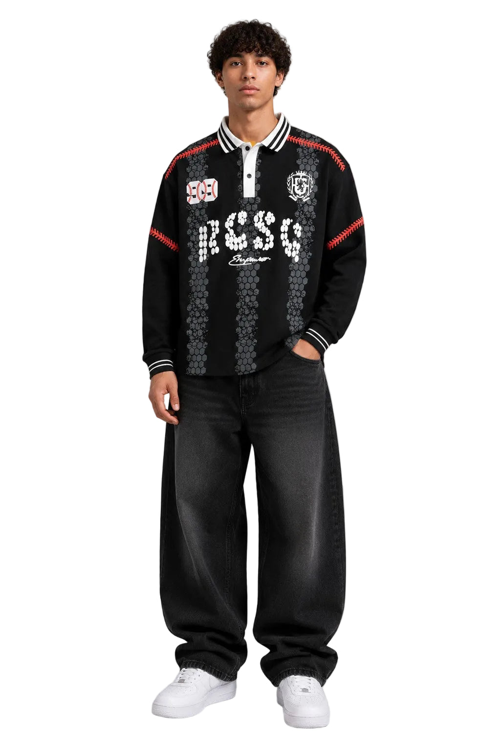 Graphic Long Sleeve  Polo Black