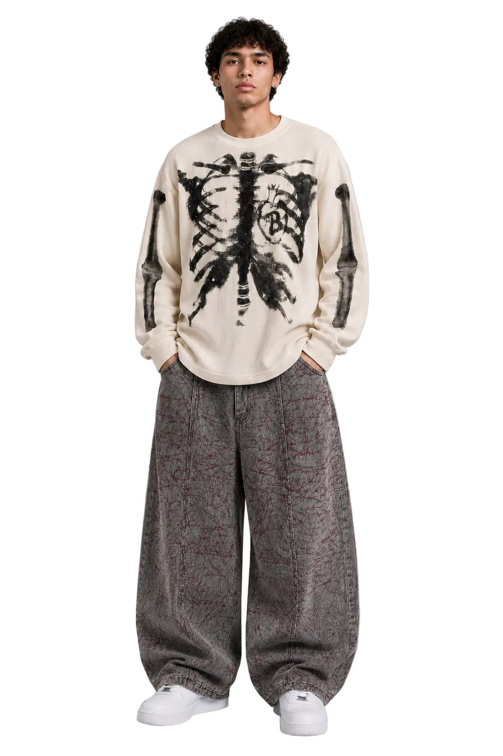 Red Scribble Embroidered Baggy Jeans