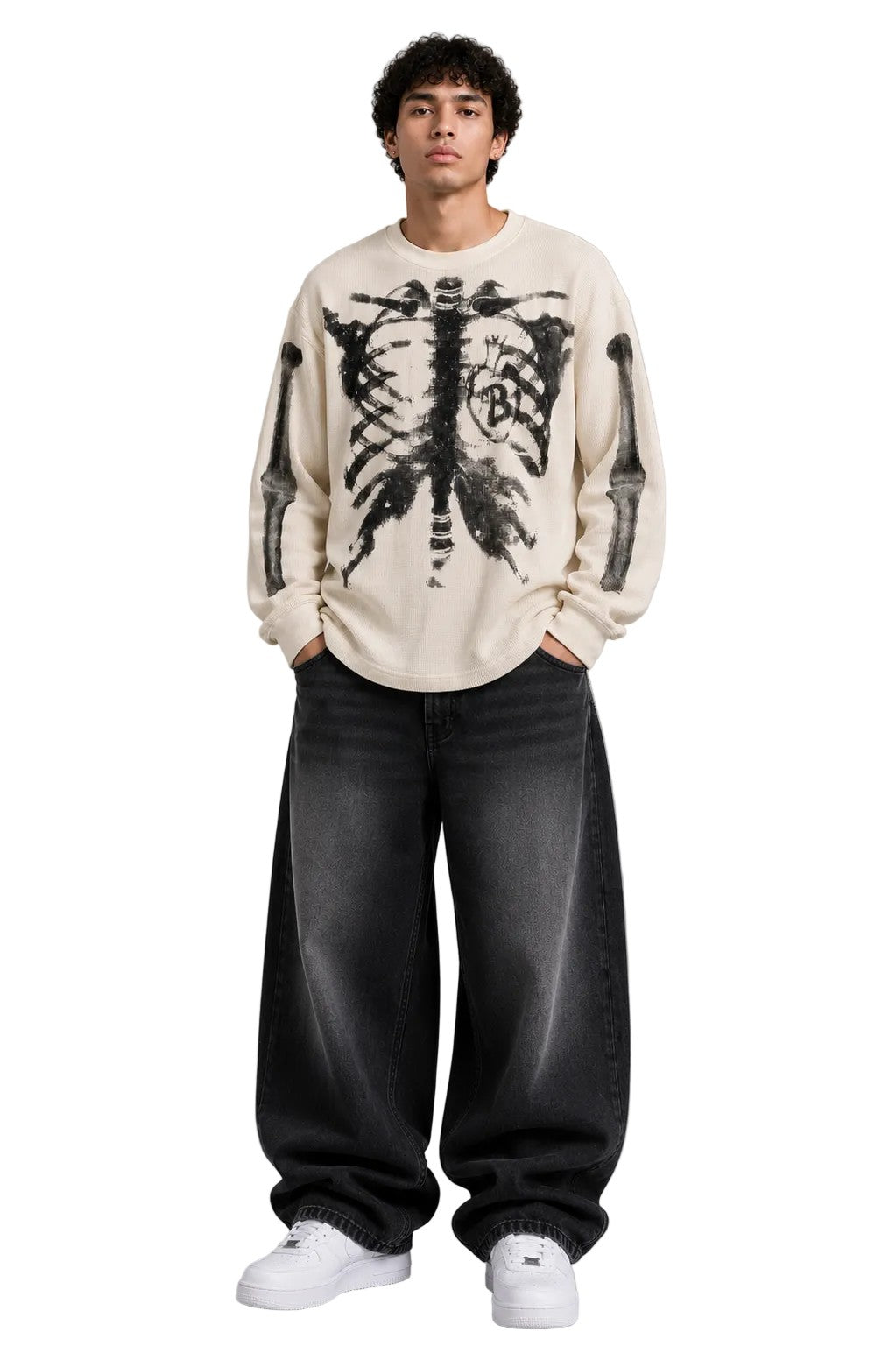 Skeleton Graphic Waffle Knit Long-Sleeve T-Shirt