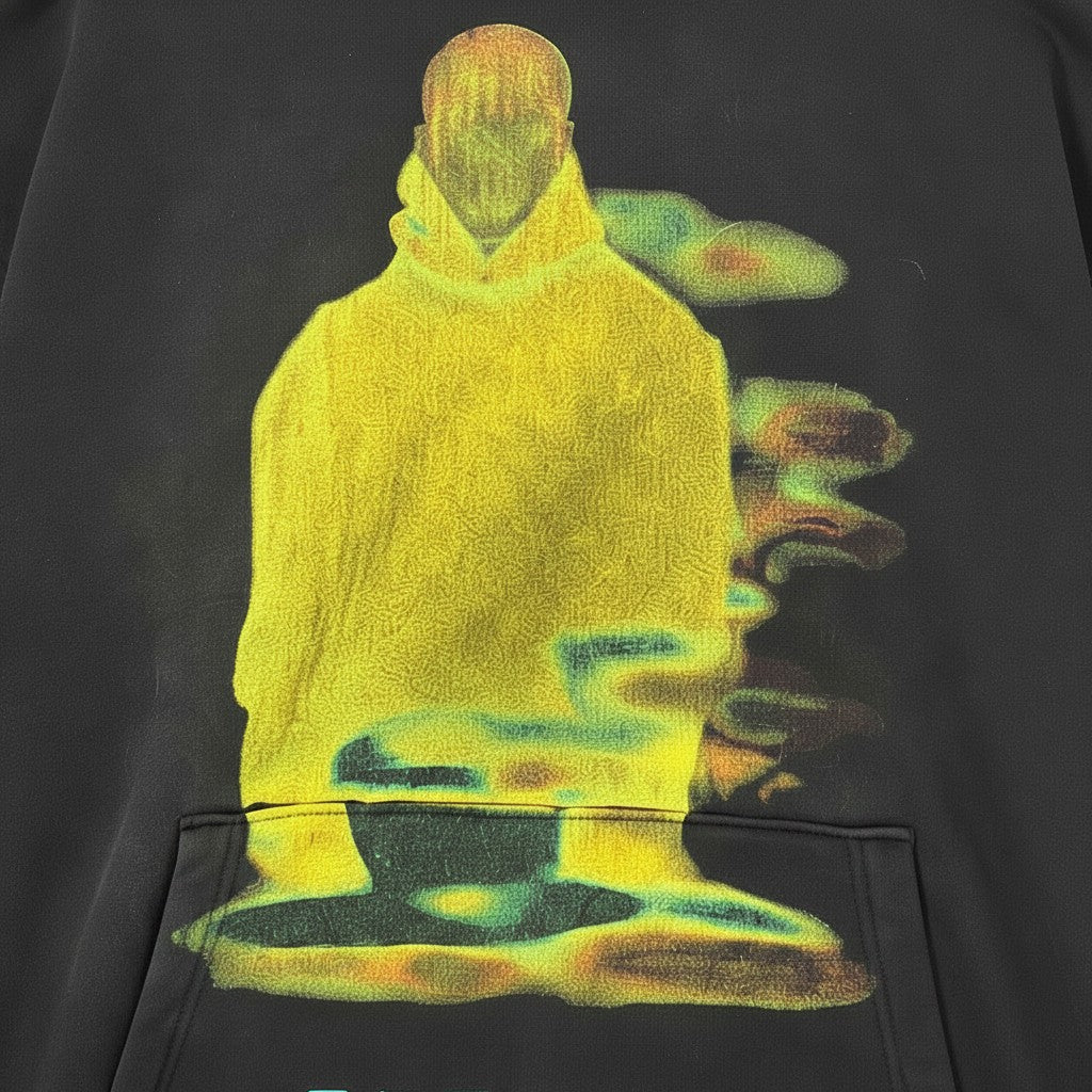 PAKSHI oversized black heavyweight hoodie featuring a vibrant yellow and green thermal-style graphic print