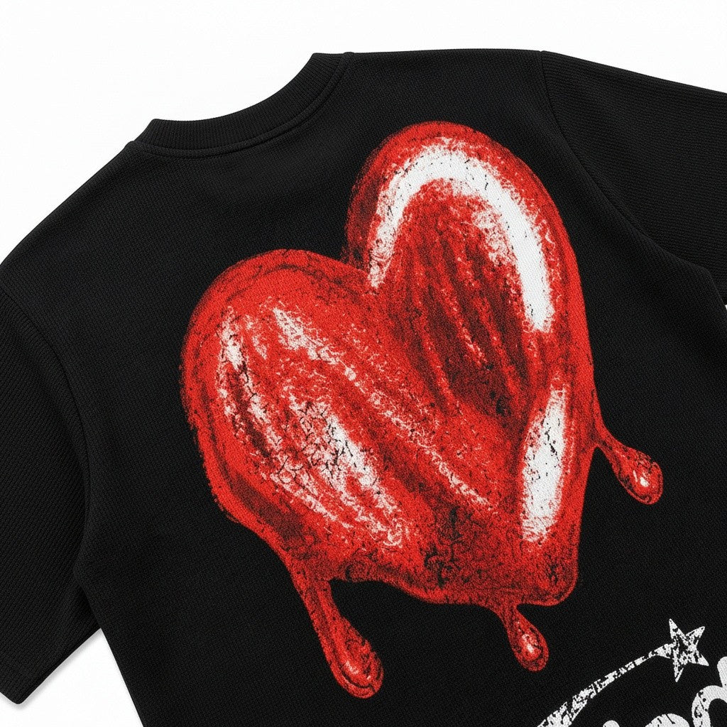 PAKSHI black waffle knit t-shirt featuring a large red distressed melted heart graphic on the back