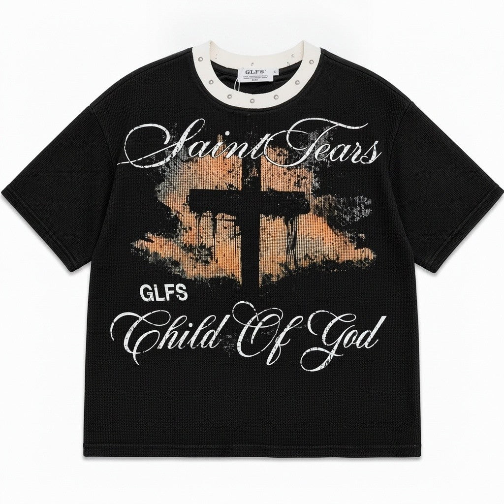 PAKSHI black waffle knit t-shirt featuring a distressed cross graphic and Saint Tears Child Of God text print
