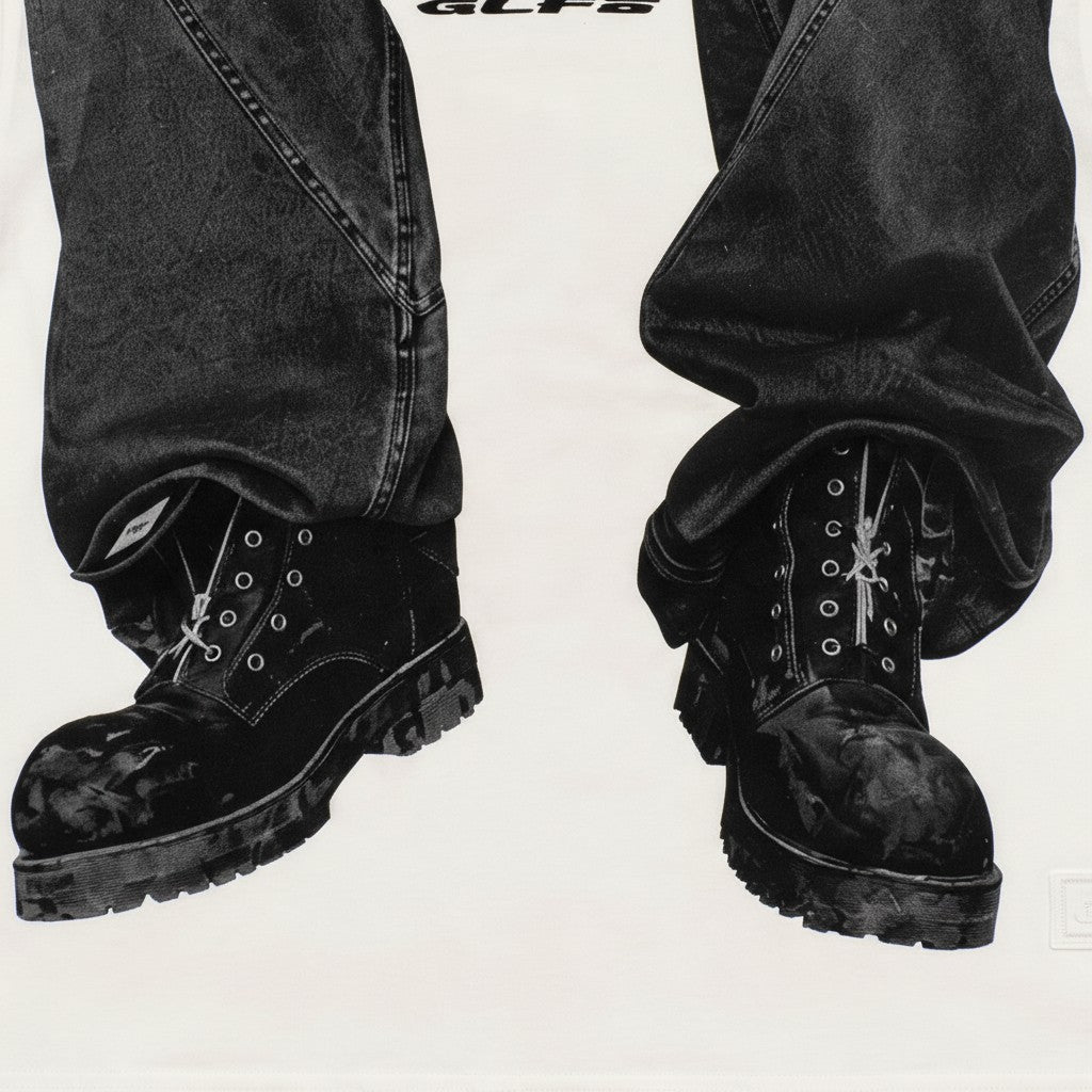 PAKSHI white t-shirt featuring a black and white graphic print of baggy jeans and rugged work boots