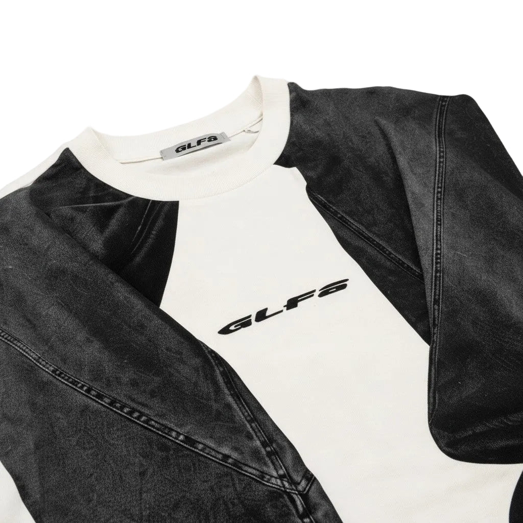 PAKSHI cream and black acid-wash denim panel long-sleeve t-shirt with GLFS logo print