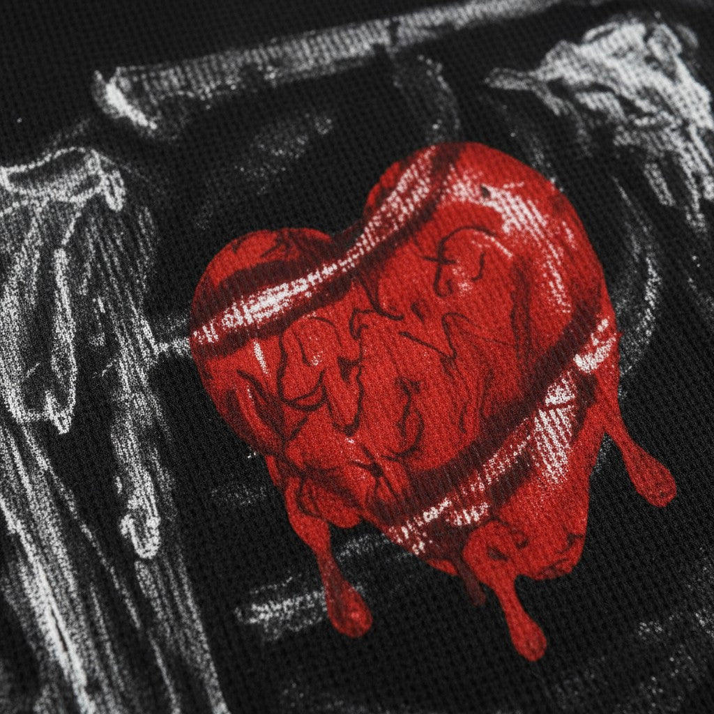 PAKSHI black waffle knit t-shirt featuring a detailed red melted heart graphic with white sketch-style accents
