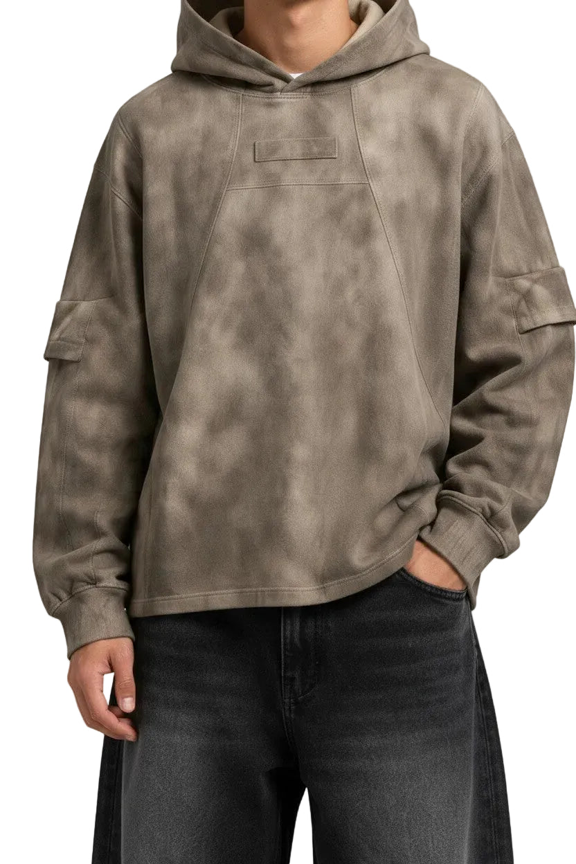 PAKSHI relaxed fit hoodie in mud brown acid wash featuring a front panel design and utility pockets on the sleeves.