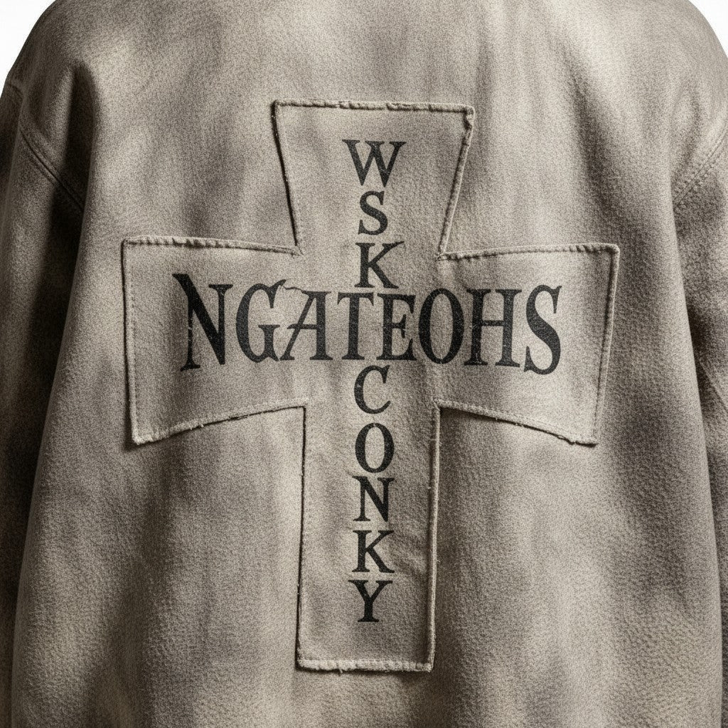 PAKSHI relaxed fit hoodie in mud brown acid wash featuring a large cross-shaped patch with black graphic lettering