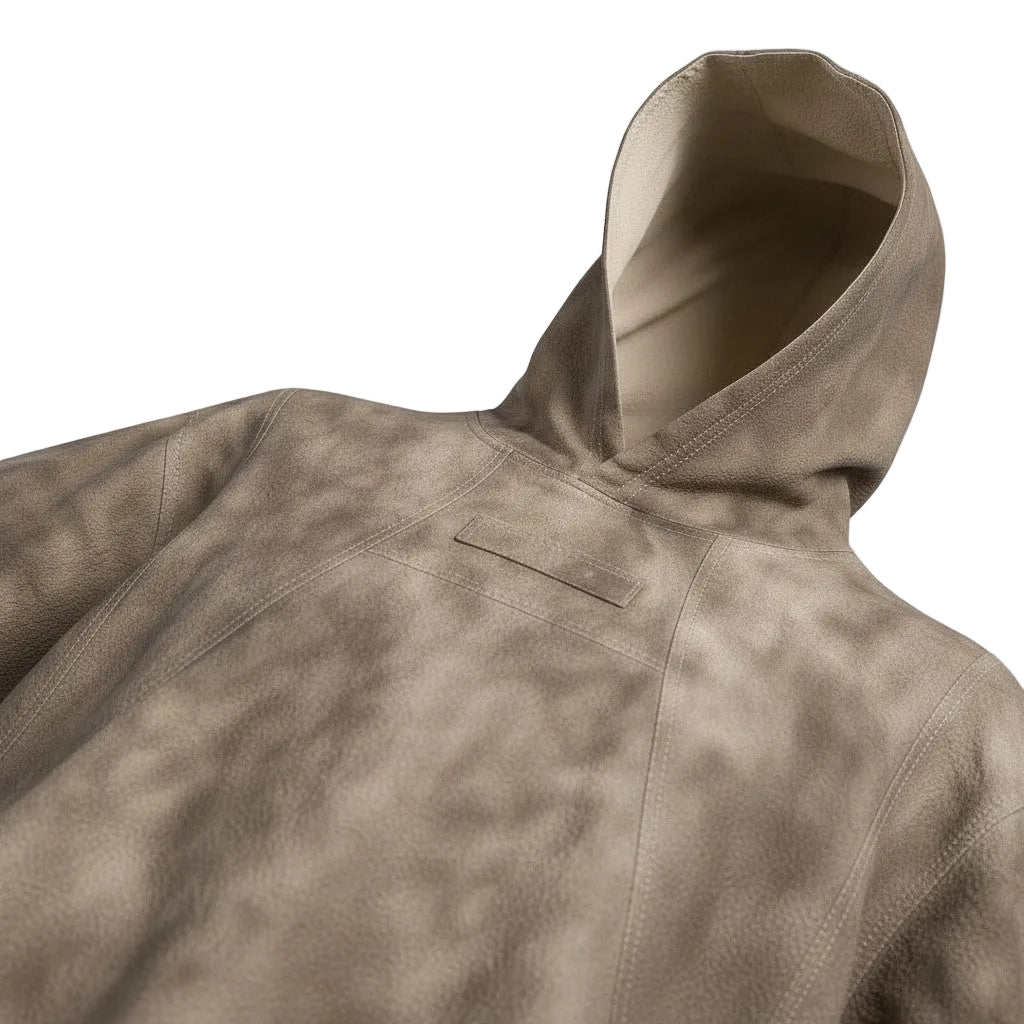 PAKSHI relaxed fit hoodie in mud brown with a unique acid washed texture and structured hood design.