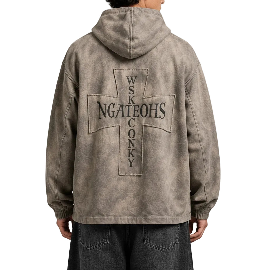 PAKSHI mud brown acid washed relaxed fit hoodie with a large cross graphic print on the back