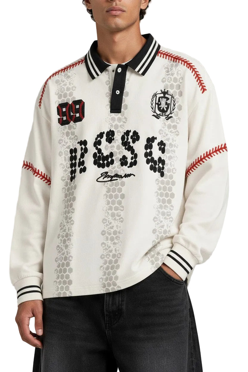 PAKSHI off-white long sleeve polo shirt with graphic prints, baseball stitch details, and a striped collar.