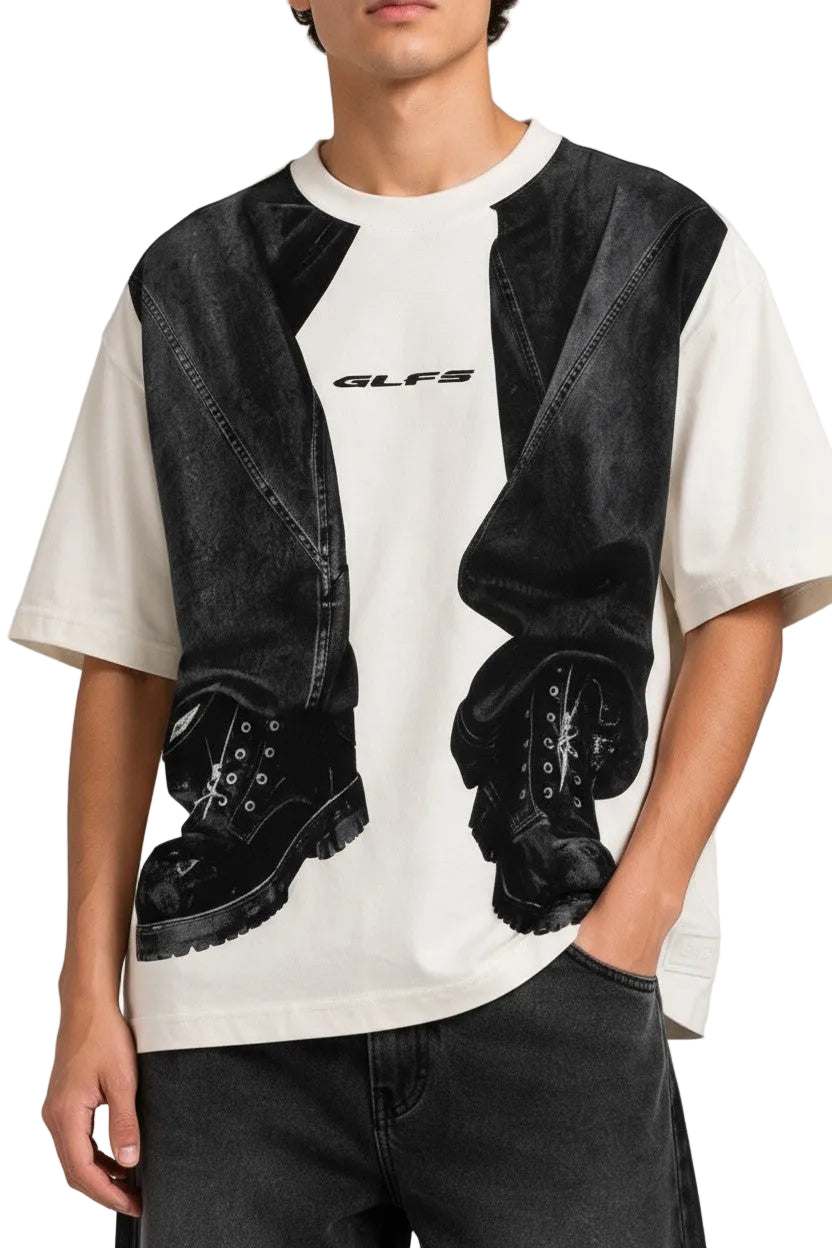 PAKSHI off-white cotton t-shirt featuring a black graphic print of denim jeans and boots on the front