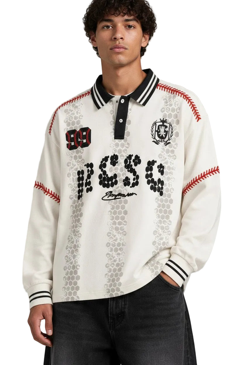 PAKSHI off-white long sleeve polo shirt with baseball-inspired red stitching, black collar, and graphic print.