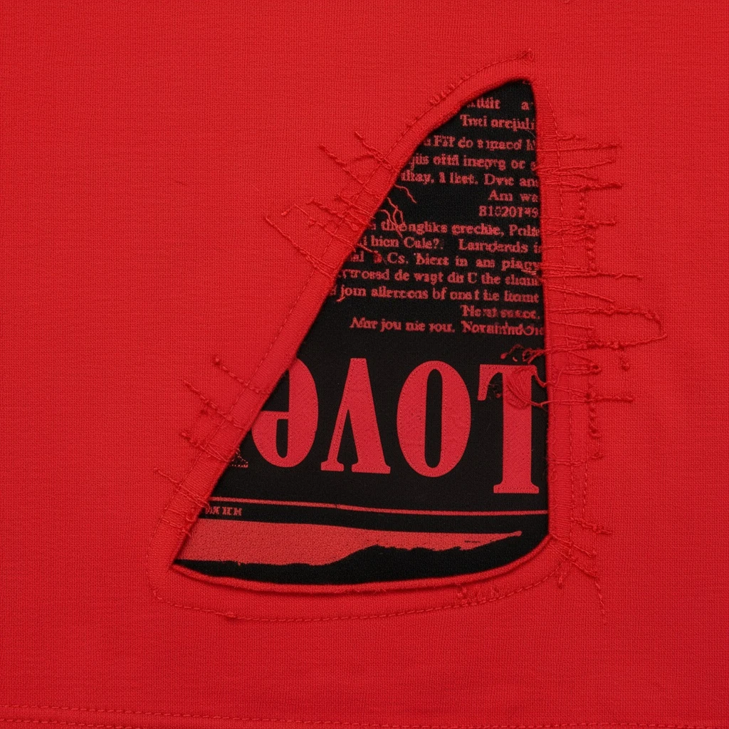 PAKSHI red cotton t-shirt featuring a distressed patchwork cutout with black fabric and red printed text details