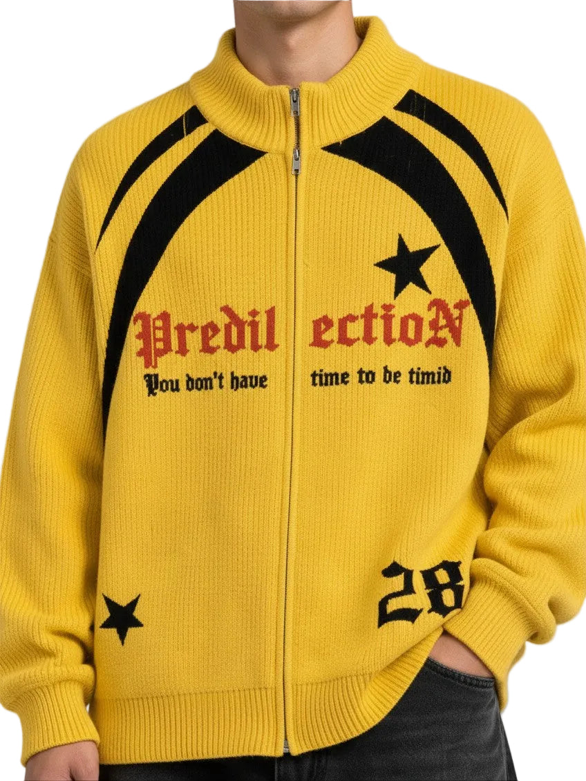 PAKSHI yellow knit zip-up sweater jacket with black graphic star patterns and gothic text detail